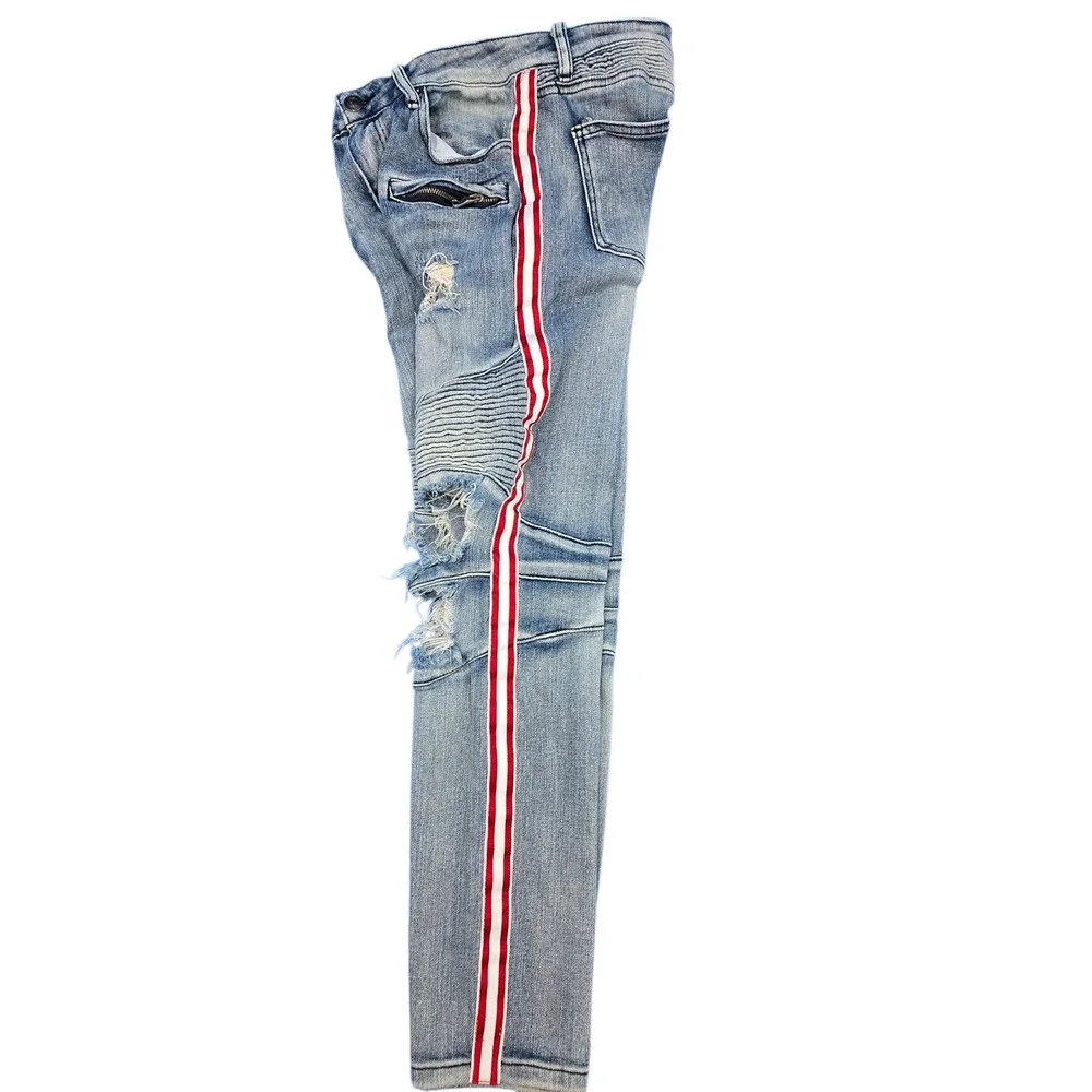 Rue21 Premium Mens 28x30 Skinny Supreme Flex Moto‎ Distressed Side Stripe Jeans